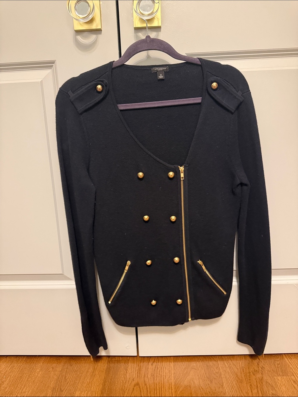 LOFT Navy Knit Military-Style Cardigan with Gold Buttons